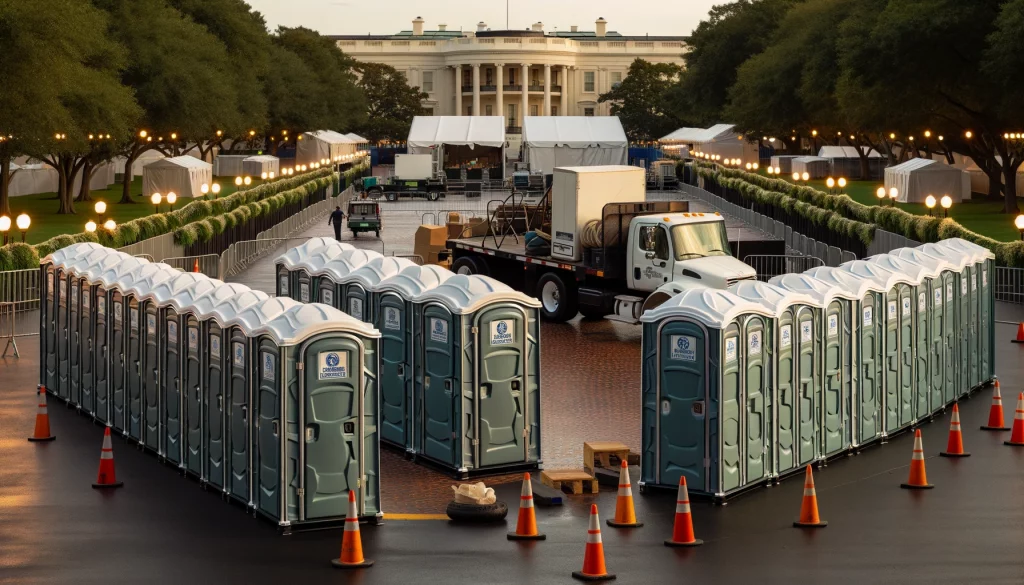 Festival porta potty bank with barricades in Temecula, California